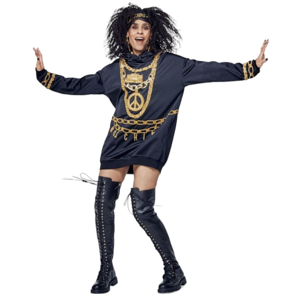 H&M x Moschino Hooded Black Dress Embroidered Sequin Gold Logo Bling Size Small